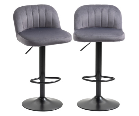 Set de 2 scaune de bar cu efect de catifea cu spatar si suport pentru picioare, 43x45x81-101cm, gri