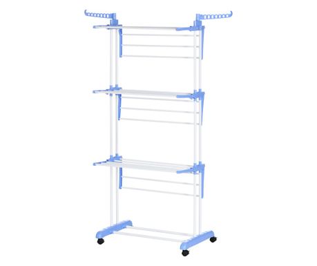 Nyitható 4 szintes ruhaszárító állvány 4 kerékkel, acél és PP, 73x64x177 cm, fehér és ezüst