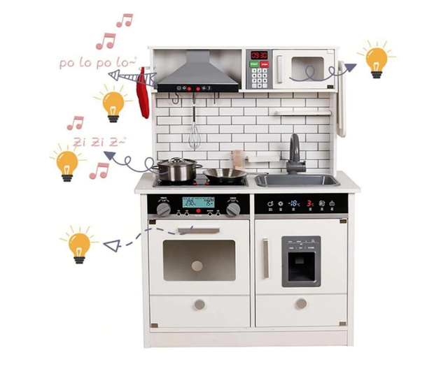 Детска Дървена Кухня със Звук, Светлина и Аксесоари за готвене - WHITE/GREY