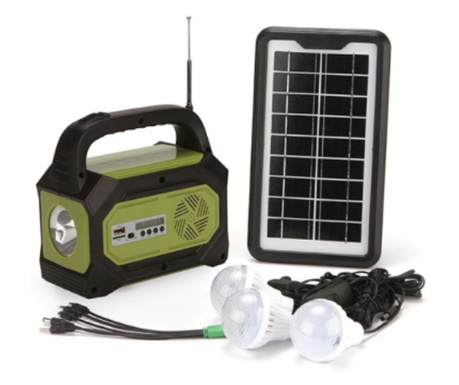 Kit Solar pentru Camping cu 3 Becuri LED, MP3 Bluetooth, USB, Radio FM, Lanterna, Panou solar, 8 W, 4500 mAH, Autonomie 8 - 24 h