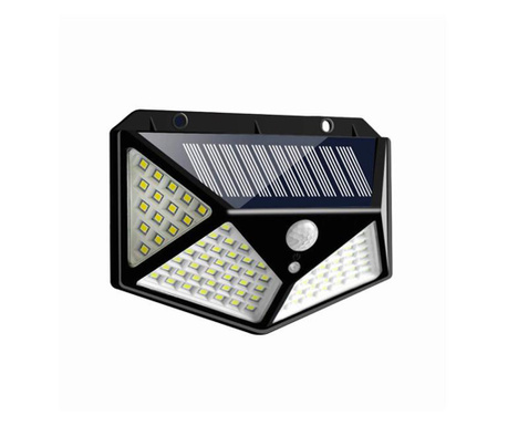 Lampa Solara KlaussTech cu Panou Solar, 100 LED-uri, Senzor de miscare, IP65 Waterproof, 2200 mAH, ABS, 600 lm, Negru