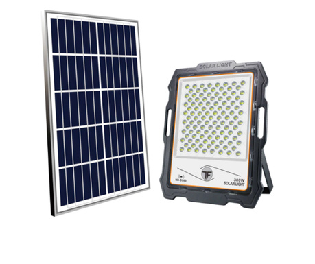 Proiector Solar KlaussTech de 300 W cu Panou Solar, Material Aluminiu, Acumulator 30000 mAH, IP67 Waterproof, 3000 lm, Negru