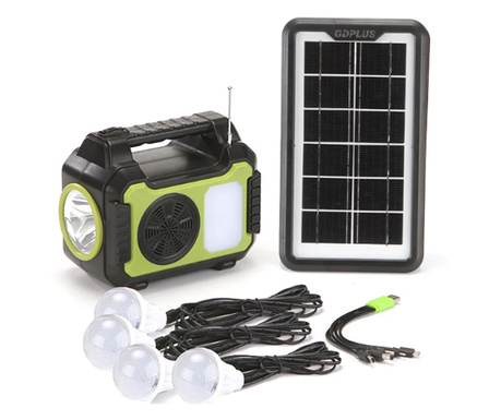 Sistem Solar de Iluminat cu 4 Becuri LED, USB, Radio FM, Bluetooth, Panou Solar, Acumulator, 7W, Operare 12 - 24 h, Negru/Verde