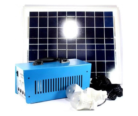 Sistem Solar Voltaic cu 3 Becuri LED SMD, 2 x Sloturi USB 5V, Panou solar 20W 34 x 45 cm, Invertor 220 V, Buton ON/OFF, Albastru