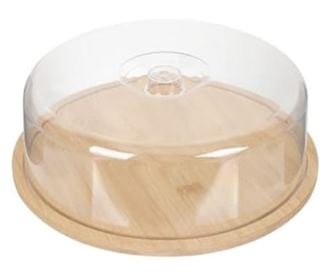 Platou rotund Pufo din bambus cu capac transparent pentru servire torturi, aperitive, prajituri, branzeturi, 28 cm