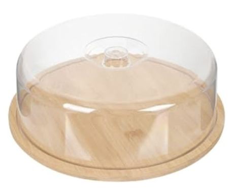 Бамбукова кръгла чиния Pufo с прозрачен капак за сервиране на торти, предястия, торти, сирена, 28см