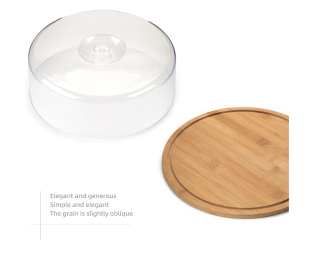 Platou rotund Pufo din bambus cu capac transparent pentru servire torturi, aperitive, prajituri, branzeturi, 28 cm