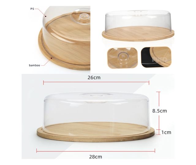 Platou rotund Pufo din bambus cu capac transparent pentru servire torturi, aperitive, prajituri, branzeturi, 28 cm