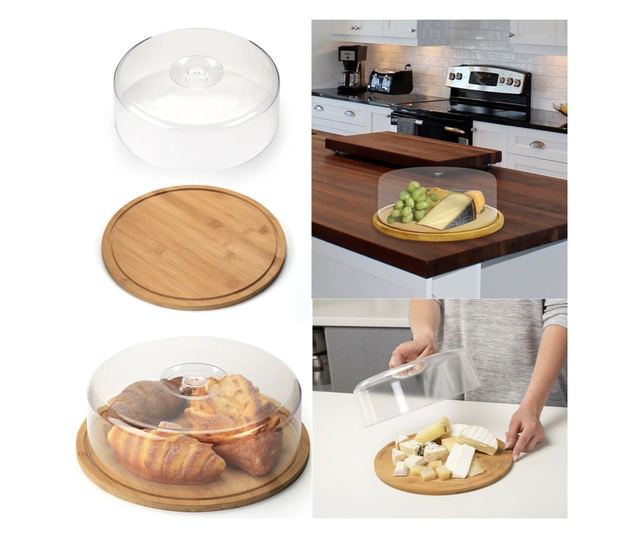 Platou rotund Pufo din bambus cu capac transparent pentru servire torturi, aperitive, prajituri, branzeturi, 28 cm