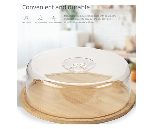 Platou rotund Pufo din bambus cu capac transparent pentru servire torturi, aperitive, prajituri, branzeturi, 28 cm