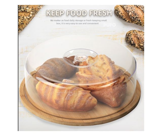 Platou rotund Pufo din bambus cu capac transparent pentru servire torturi, aperitive, prajituri, branzeturi, 28 cm