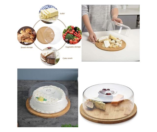 Platou rotund Pufo din bambus cu capac transparent pentru servire torturi, aperitive, prajituri, branzeturi, 28 cm