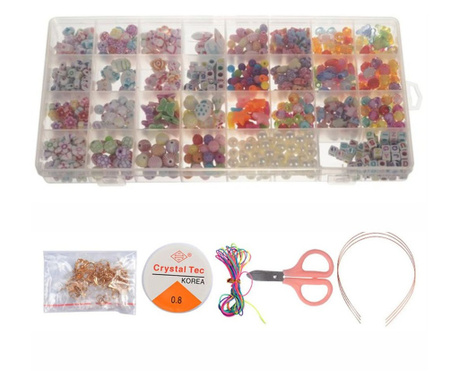 Mercaton® kreatív készlet gyerekeknek, gyöngyök és kiegészítők színes karkötők készítéséhez, 900 db, 13 x 26 x 2,5 cm, Multicolo