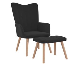 Naslanjač s taburejem, črn, žameten