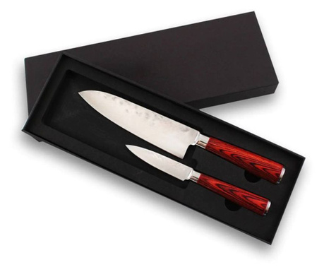 Set cutite Chef knife lama otel X50 17 cm si Paring knife 9 cm, model japonez, maner pakkawood, lemn laminat
