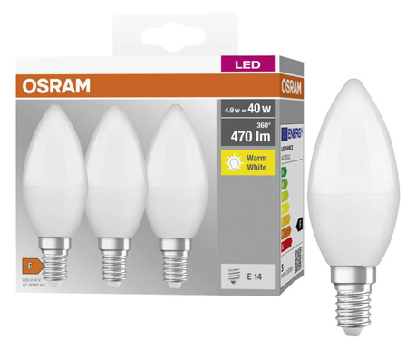 Osram LED fényforrás gyertya forma E14 4.9W melegfehér 3db/cs (4099854047091)