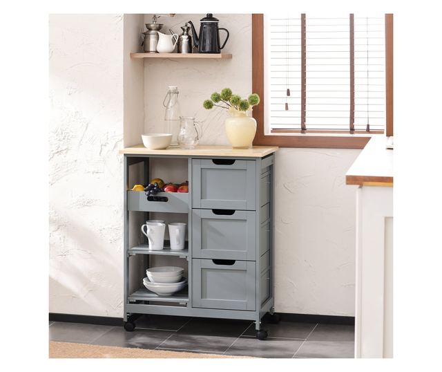SoBuy Kuhinjski voziček Kuhinjska omarica s 3 predali in 1 košaro FKW79-HG