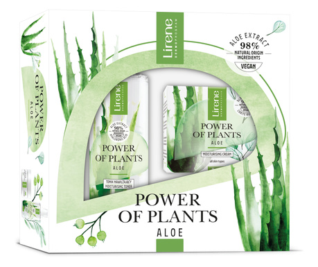 Set cadou POWER OF PLANTS – ALOE.  Contine Crema hidratanta cu Aloe 50ml si Lotiune tonica hidratanta cu Aloe 200ml