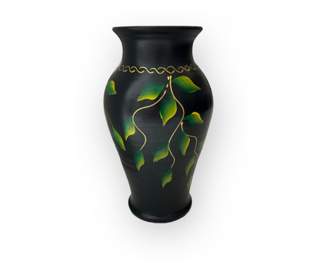 Vaza ceramica neagra, pictata manual, frunze