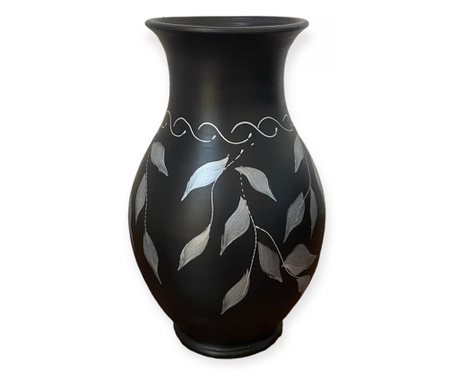 Vaza ceramica neagra, eleganta, frunze argintii