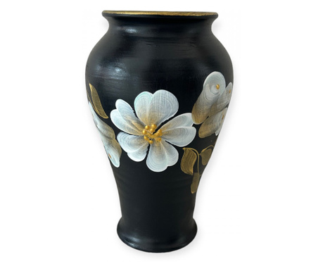 Vaza ceramica neagra, eleganta, pictata manual, 21cm