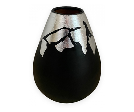 Vaza ceramica neagra,model contemporan, foita de argint,unicat