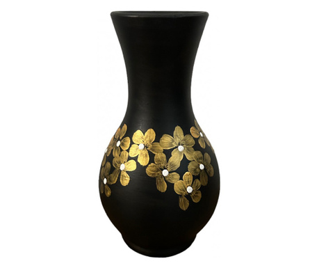 Vaza ceramica neagra, pictata manual, floricele