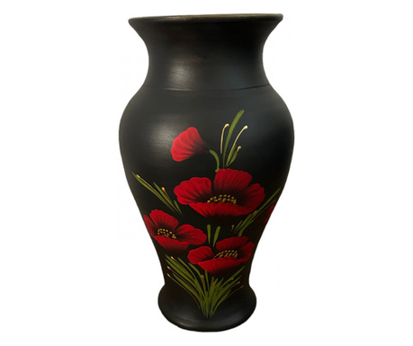 Vaza ceramica neagra, pictata manual cu maci
