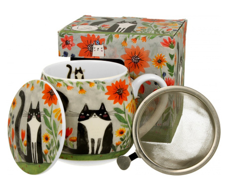 Cana portelan pentru ceai, cu infuzor, model pisica, 430 ml