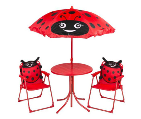 Set mobilier gradina/terasa pentru copii, pliabil, rosu, model buburuza, 1 masa cu umbrela, 2 scaune, Melisenda