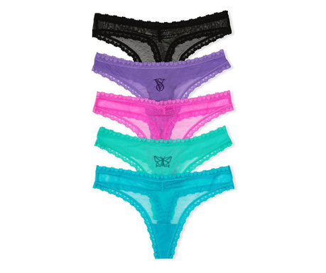 Chiloti tanga Victoria's Secret, 5-Pack No-Show Thong with Heart Trim, Multicolor, S INTL