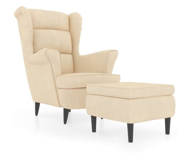 Wingback Armchair with Footstool, Cream, Velvet