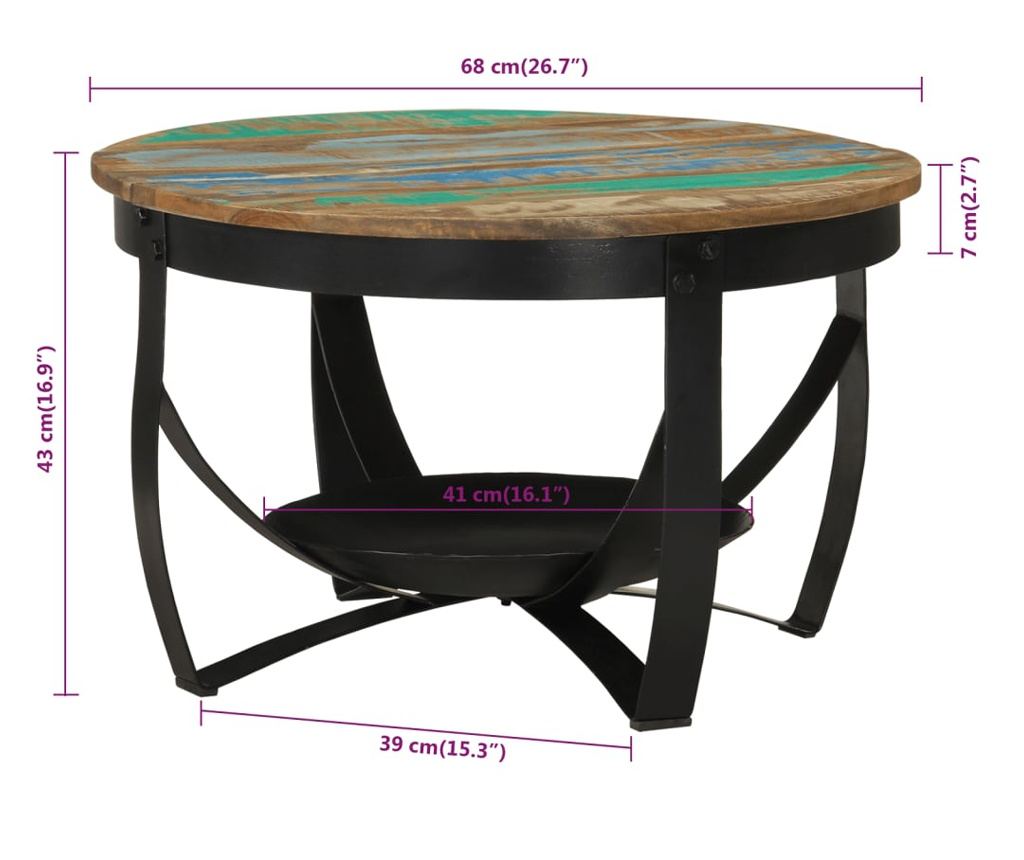 Stolić za kavu, Ø 68x43 cm, reciklirano masivno drvo i željezo - 7