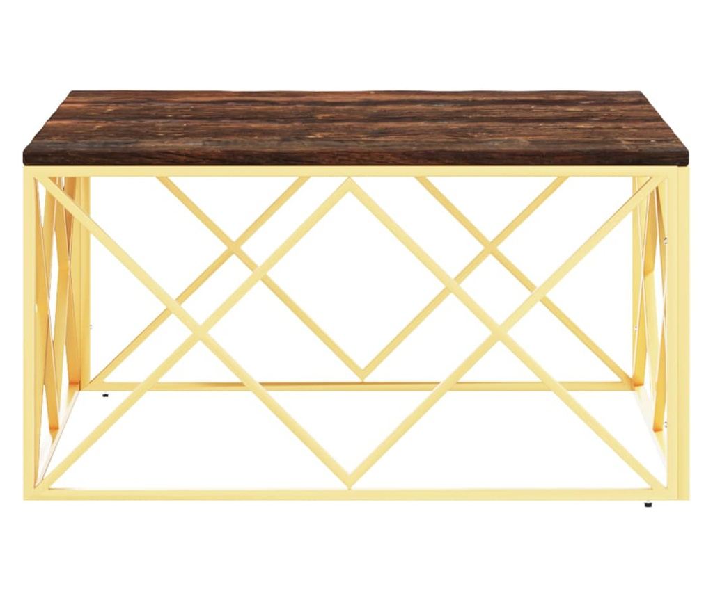 Stolić za kavu, zlatni, nehrđajući čelik i reciklirano puno drvo - 3