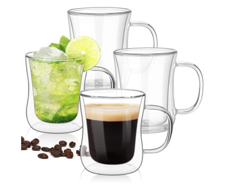 Чаши за кафе Quasar & Co., двустенна, 4 броя, термоустойчив, Прозрачен, 220 мл