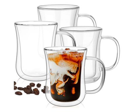 Set 4 cani cu pereti dubli, Quasar & Co., 380 ml, sticla borosilicata, transparent