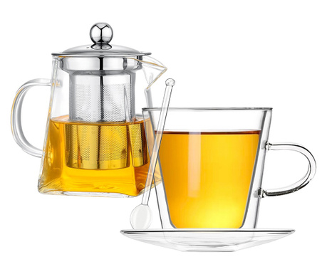 Комплект чайник Quasar & Co., с чаша, инфузер, чиния, чаена лъжичка, 350 ml/250 ml, Стъкло, Прозрачен