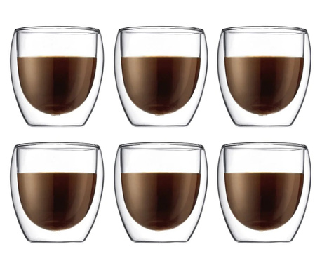 Чаши за кафе Quasar & Co., двустенна, 6 броя, термоустойчив, h 9 cm, d 8 cm, Стъкло, 250 мл