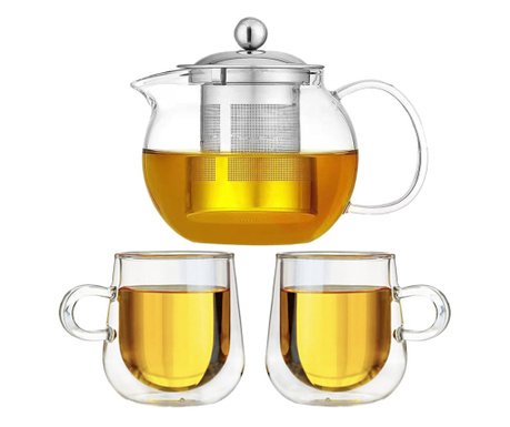 Комплект чайник с цедка и чаши Quasar & Co., 650 ml/2x250 ml, прозрачен