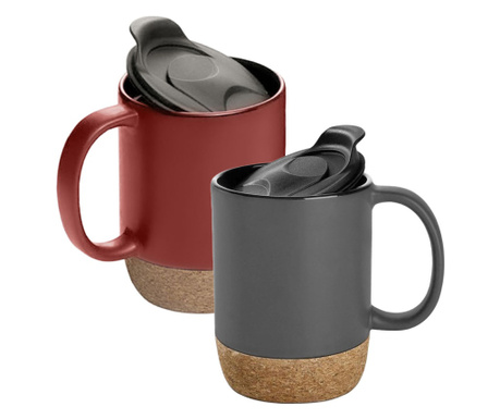 Комплект чаши за кафе/чай, Quasar & Co., Керамика, 400 мл, с капак, коркова основа, 2 броя, Корал-Сив