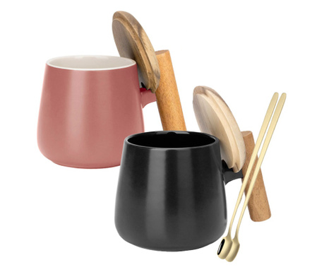 Комплект от 2 чаши за кафе/чай и лъжица, Quasar & Co., с бамбуков капак и дръжка, лъжица от неръждаема стомана, керамика, 350 ml