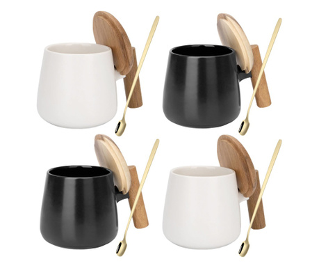 Комплект от 4 чаши за кафе/чай и лъжица, Quasar & Co., с бамбуков капак и дръжка, лъжица от неръждаема стомана, керамика, 350 ml