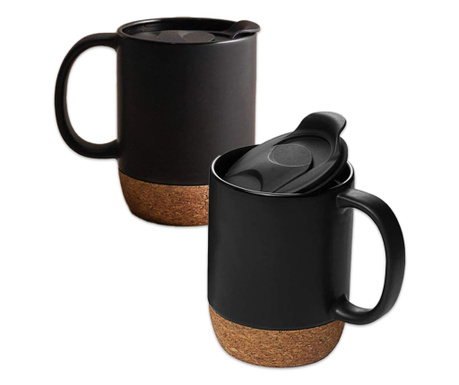 Комплект чаши за кафе/чай, Quasar & Co., Керамика, 400 мл, коркова основа, 2 броя, Черен