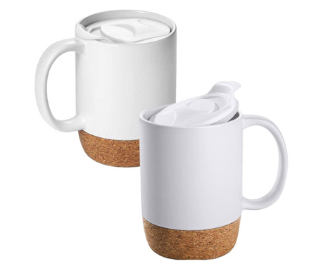 Комплект чаши за кафе/чай, Quasar & Co., Керамика, 400 мл, коркова основа, 2 броя, Бял