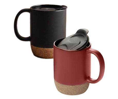 Set 2 cani cafea/ceai, Quasar & Co., pretabile voiaj/calatorie, cu capac to go, baza de pluta, ceramica, 400 ml, corai/negru