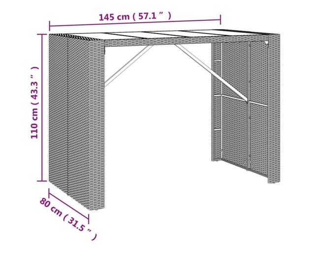 Masă de bar cu blat din sticlă, negru, 145x80x110 cm, poliratan