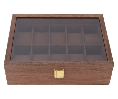 Cutie caseta din lemn pentru depozitare si organizare 10 ceasuri, model Pufo Premium Wooden, maro