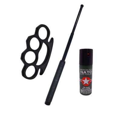 Комплект от 3 IdeallStore® аксесоари за самозащита, стоманена телескопична палка, 50 см, кутия и дразнещ парализиращ спрей