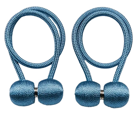 Set 2 magneti decorativi pentru prinderea perdelelor si draperiilor Bootic®, forma rotunda, snur textil 41 cm - Albastru deschis