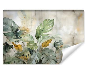 Fototapet Frunze de monstera, verde, bej, fundal beton, stil modern pentru bucatarie  405x270cm